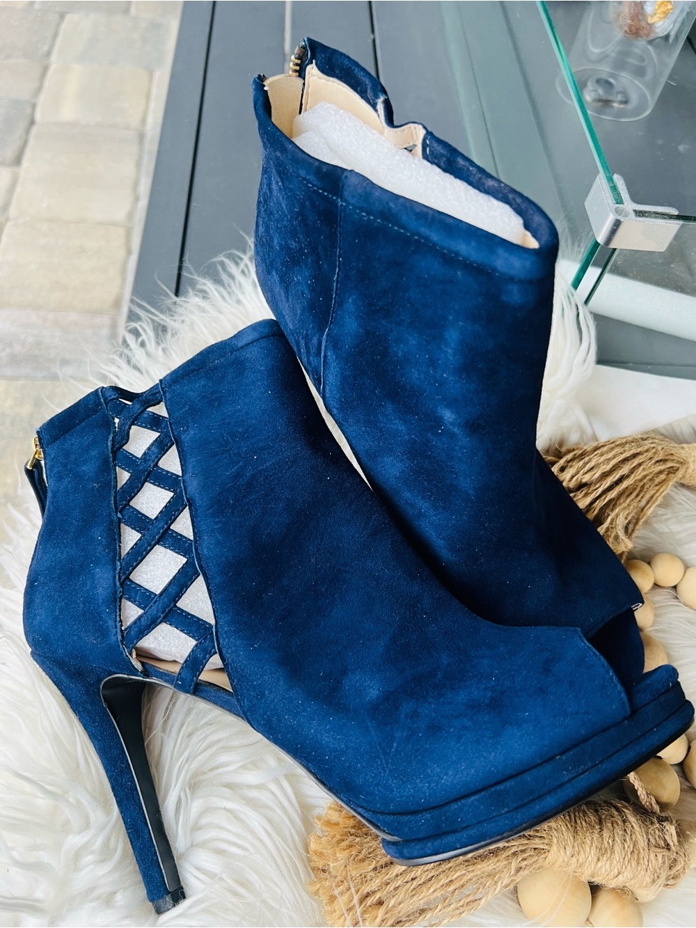 Nine West Navy Blue Suede Peep-Toe Lattice Ankle Booties